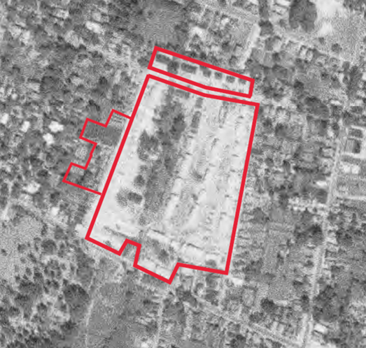 Elmwood Terrace Apartments outlined in red 1961 aerial 