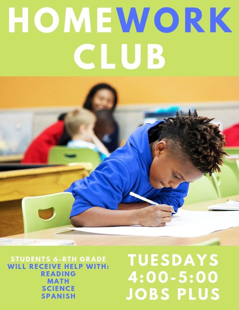 homework club tuesday 4pm at jobs plus