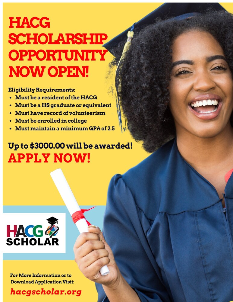 HACG Scholarship yellow blue information with black girl smiling in cap and gown holding diploma