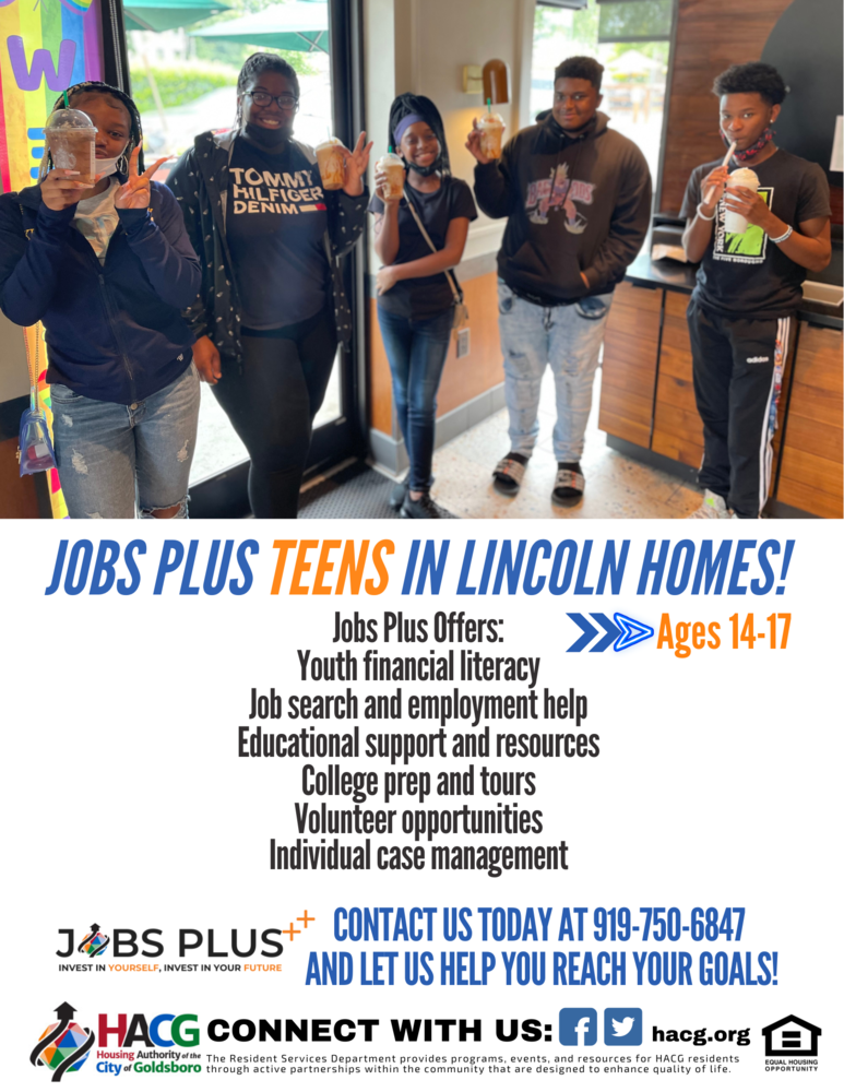 Jobs Plus Teens flyer with group at coffee shop